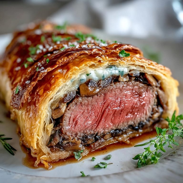Perfectly baked Beef Wellington served on a white platter, ideal for a holiday dinner party.