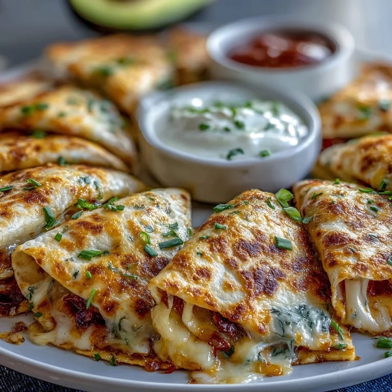 A close-up view of a Blooming Quesadilla Ring, revealing melted cheese, black beans, and diced peppers inside.