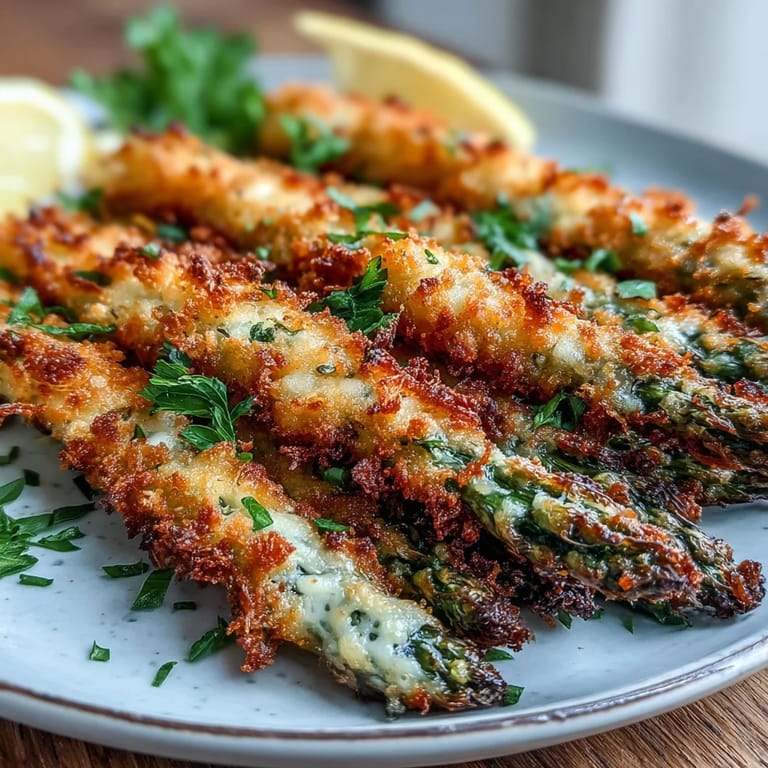 Golden, oven-baked Crispy Asparagus Asiago Spears with a smoky paprika hint, arranged neatly for a delicious appetizer presentation.