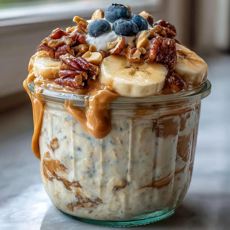 A close-up of High-Protein Peanut Butter Overnight Oats topped with fresh blueberries and chopped roasted peanuts for breakfast.