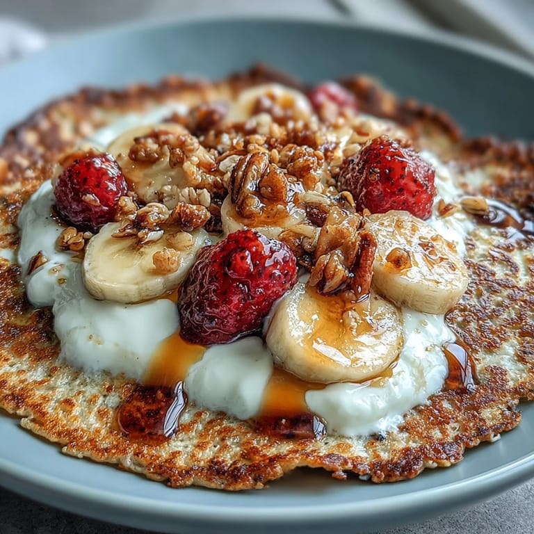 Golden Protein Pancake Bowl with sliced bananas, crunchy nuts, and granola for breakfast.