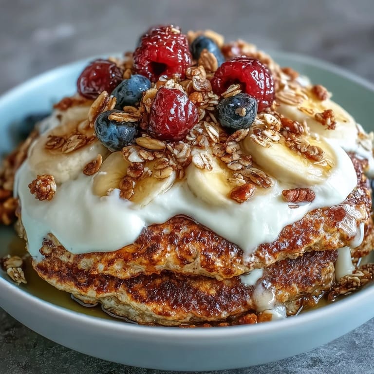 Healthy Protein Pancake Bowl with creamy yogurt, fruit, and nut butter drizzle.