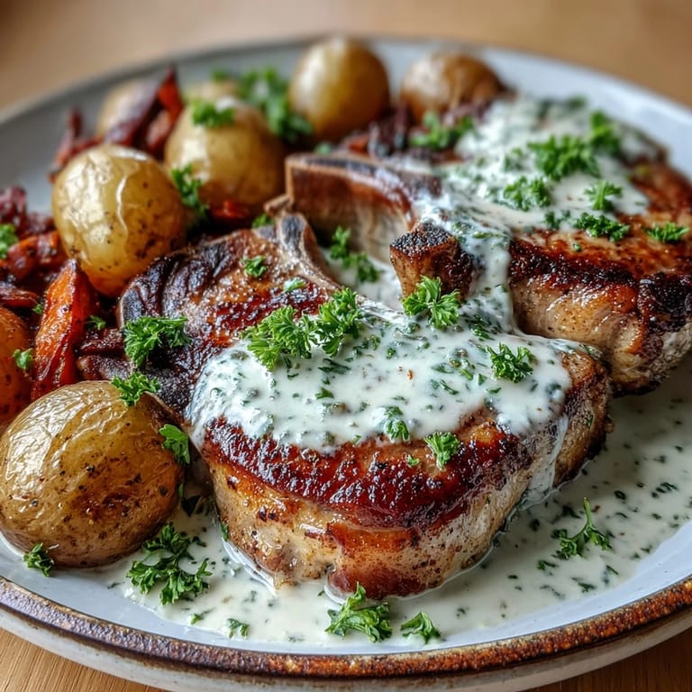 Golden-seared Crockpot Ranch Pork Chops on a bed of potatoes and carrots, ready to serve with a rich, creamy drizzle.