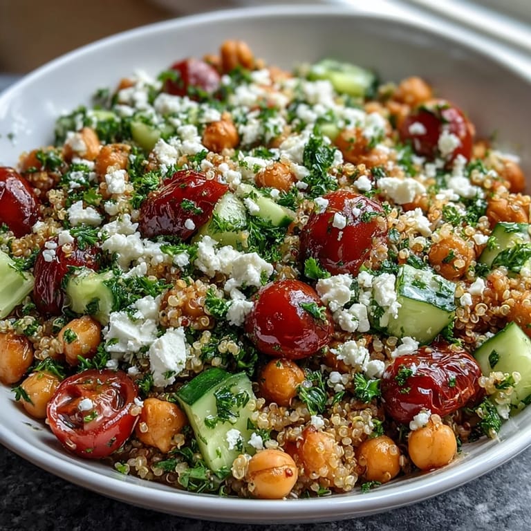 Healthy Mediterranean-inspired High Protein Quinoa & Chickpea Salad served as a colorful lunch or side dish.
