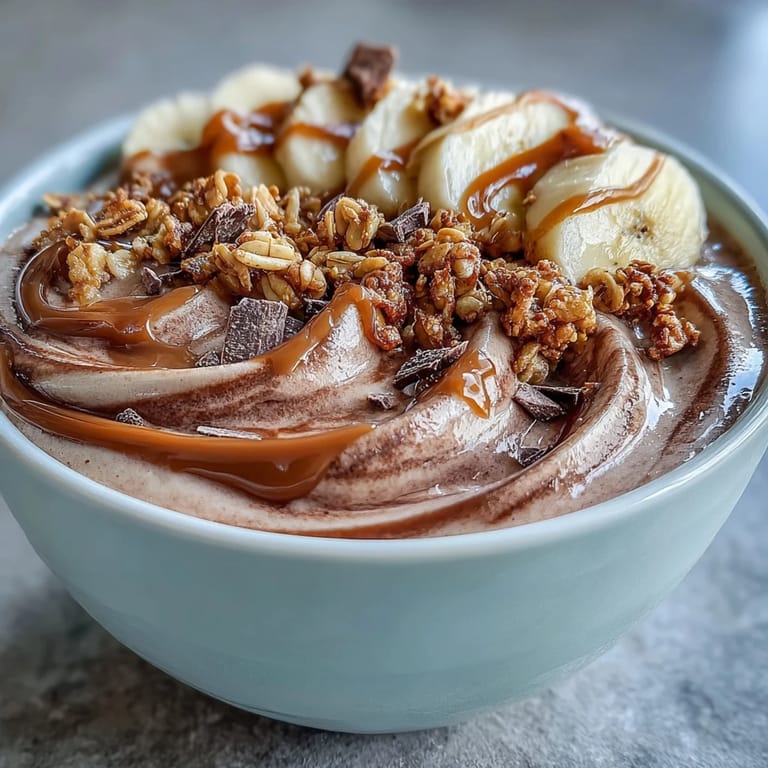 A spoon-ready Chocolate Peanut Butter Smoothie Bowl, drizzled with extra peanut butter and perfect for breakfast or snack time.