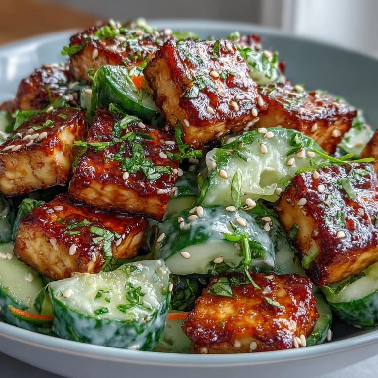 Creamy Asian cucumber salad featuring golden crispy tofu cubes, carrots, and a sesame-ginger dressing on a white platter.