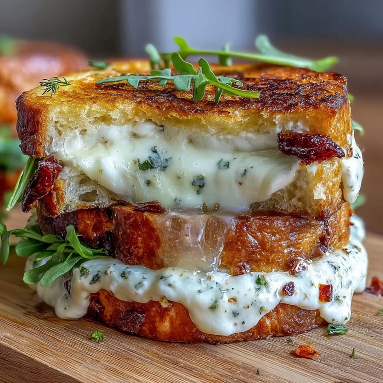 Close-up of toasted Goat Cheese Grained Cheese with Honey & Chili Flakes, showing melted chèvre, pear slices, and chili flakes.