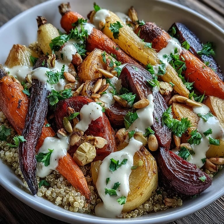 A wholesome vegetarian Roasted Root Vegetable Bowl garnished with fresh parsley and toasted pumpkin seeds.