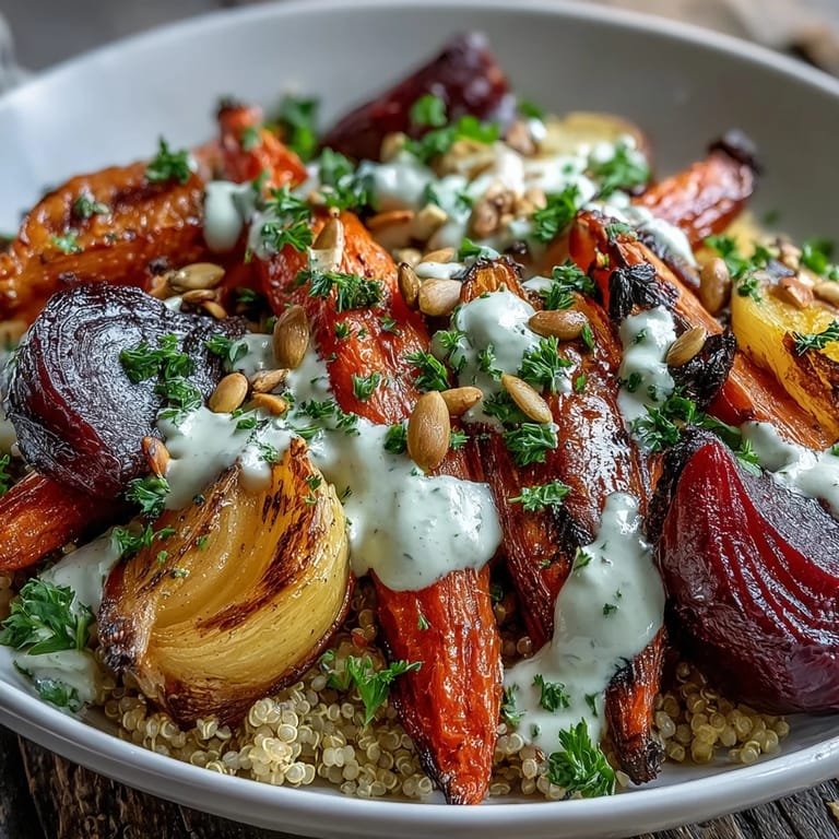 Vibrant roasted carrots, beets, turnips, and parsnips sit atop quinoa in this nourishing Roasted Root Vegetable Bowl.