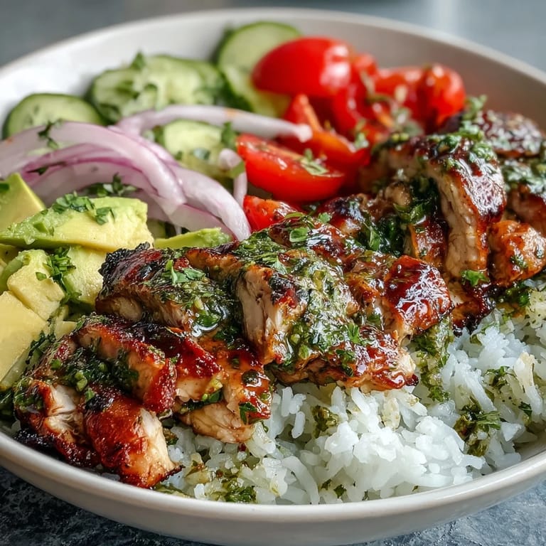 A rustic wooden table holds a hearty Chimichurri Chicken Bowl, ready to be enjoyed with lime wedges on the side, perfect for a healthy gluten-free dinner.