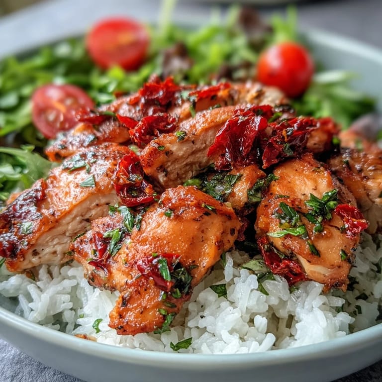 Close-up on golden chicken over rice, feta, and pine nuts, drizzled with oil for a fresh Sun-Dried Tomato Chicken Bowl.