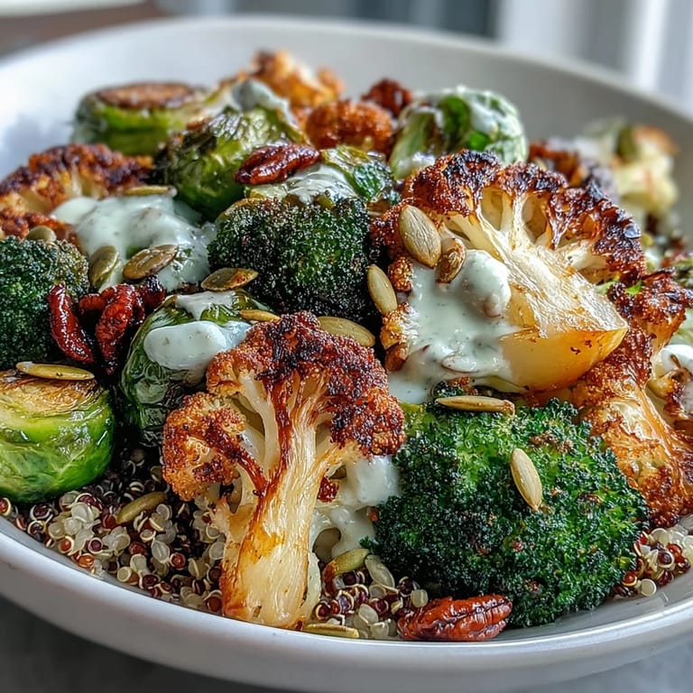 The Roasted Brassica Bowl features charred Brussels sprouts and broccoli florets on a bed of warm grains, ready for a generous pour of zesty lemon sauce. Topped with pumpkin seeds, it makes a nourishing vegan lunch.
