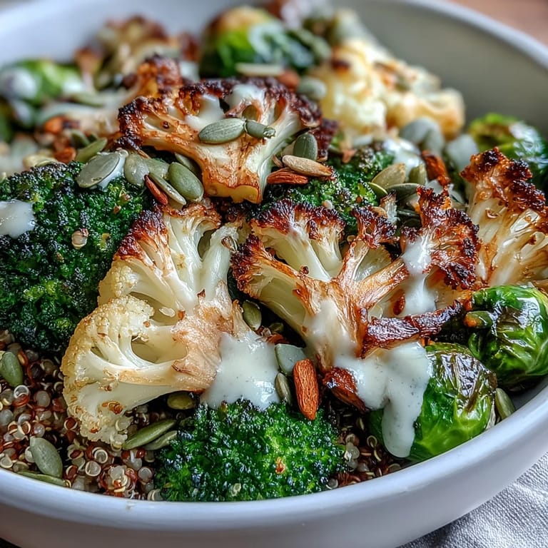 A close-up of the Roasted Brassica Bowl reveals crisp-tender vegetables and a creamy tahini dressing, perfect for a healthy weeknight meal. Fresh parsley garnishes this hearty, gluten-free vegetarian main dish.