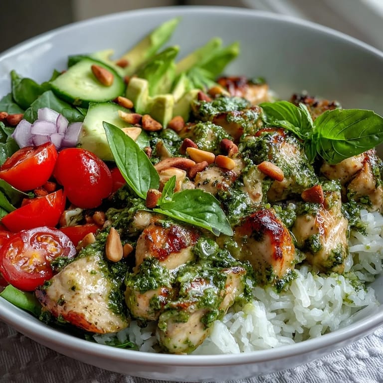 Serve this gluten-free Pesto Chicken Bowl with a side of greens for a nourishing weeknight meal.