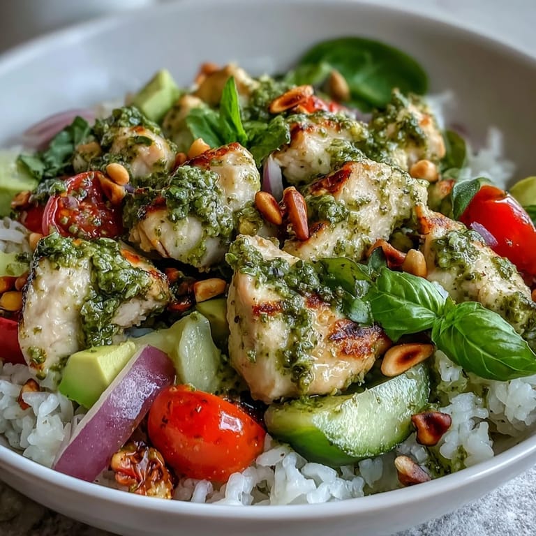 Golden, tender chicken marinated in basil pesto sits atop steamed rice in this Pesto Chicken Bowl.