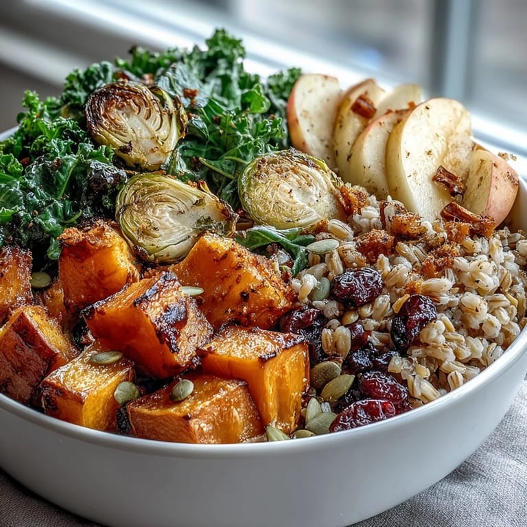 Hearty fall vegetable bowl recipe with toasted pumpkin seeds and dried cranberries, served in a rustic bowl.