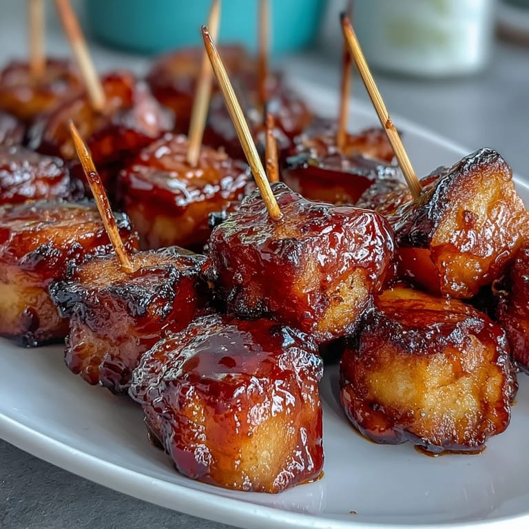 Crisp apple pieces coated in vibrant candy glaze, served on skewers for easy snacking.