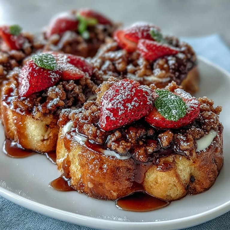 Juicy strawberries baked into rich French toast casserole, topped with cinnamon streusel and dusted with powdered sugar.