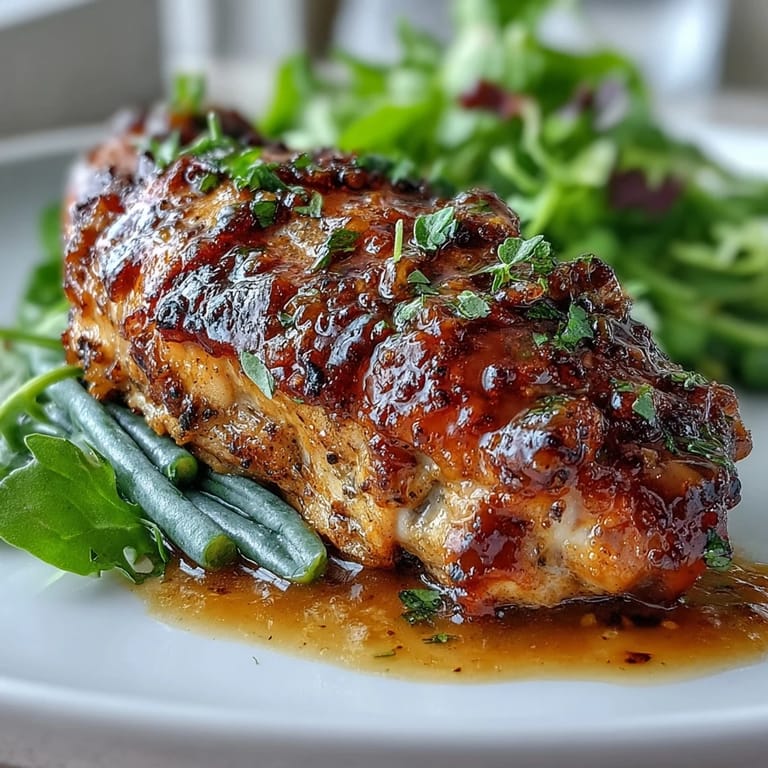 Close-up of roasted green beans and glazed chicken with whole grain mustard seeds visible in the sauce.