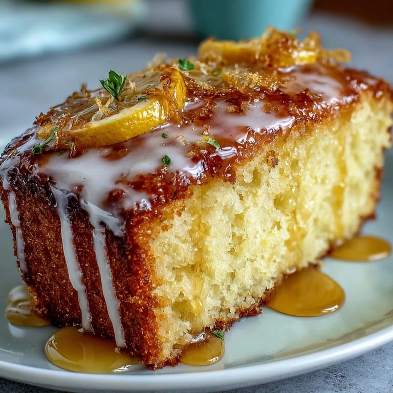 Freshly baked lemon drizzle loaf cake with golden crust and sticky glaze, served on a wooden board with lemon wedges.