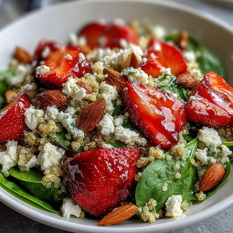 Fresh strawberry feta quinoa salad with balsamic glaze, perfect for a light, healthy, and satisfying meal.