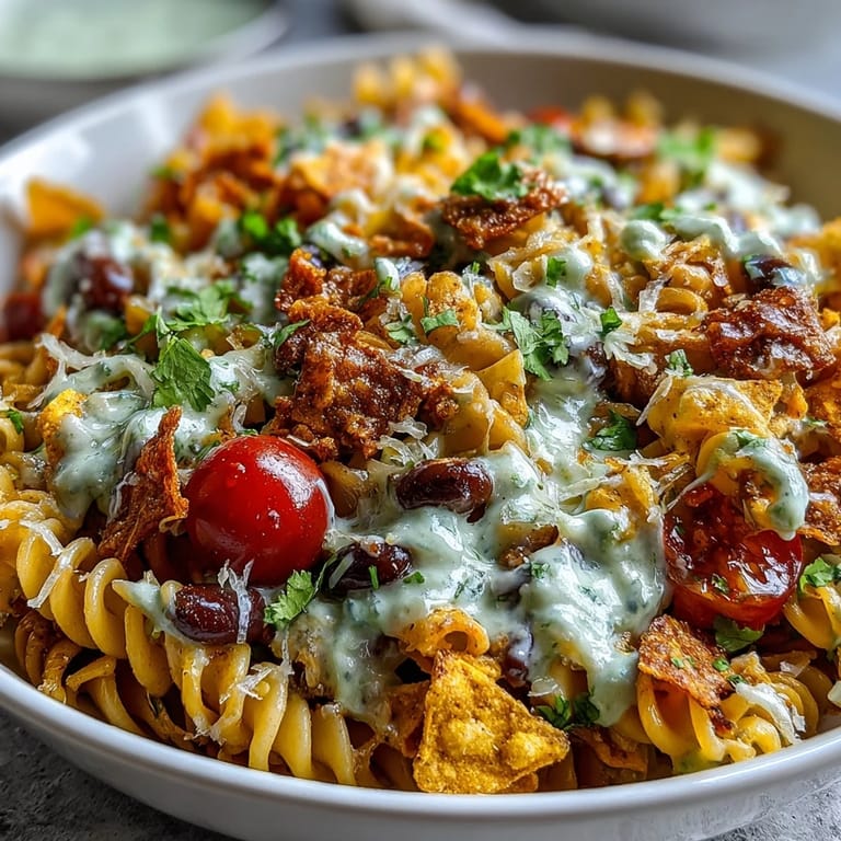 Delicious taco pasta salad loaded with veggies, Doritos, and creamy avocado ranch dressing.