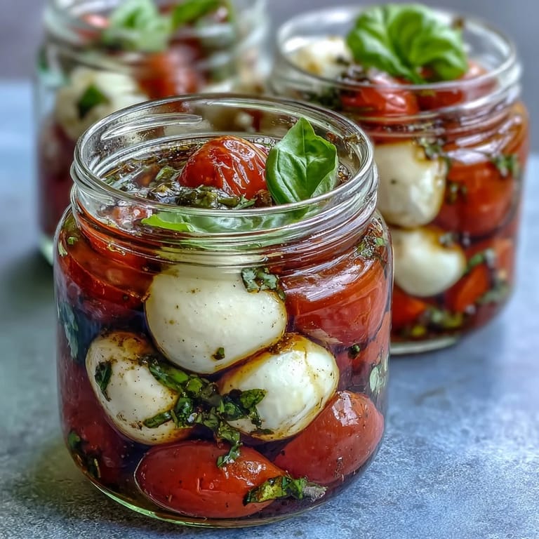 Vibrant Mason Jar Caprese Salad featuring juicy tomatoes, creamy mozzarella, and fragrant basil, perfect for picnics and easy lunches.