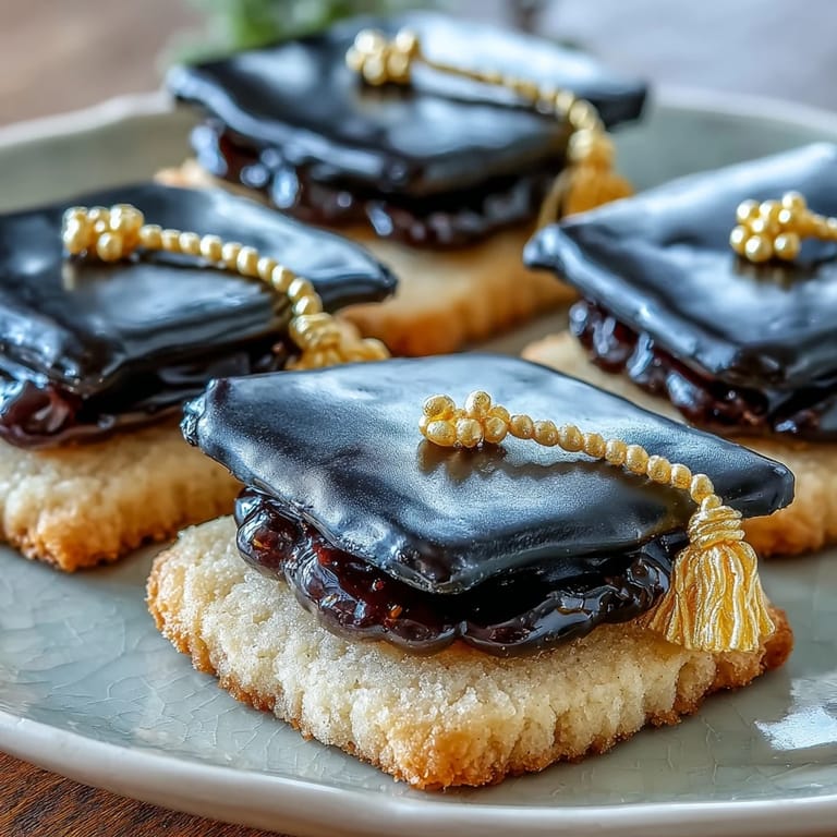 Buttery sugar cookies shaped like graduation caps, decorated with smooth black royal icing and bright yellow candy tassels.