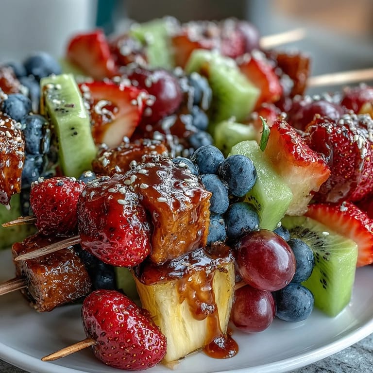 Fresh, juicy fruit skewers arranged in rainbow order, served with a creamy honey-lemon yogurt dip for a refreshing summer treat.  