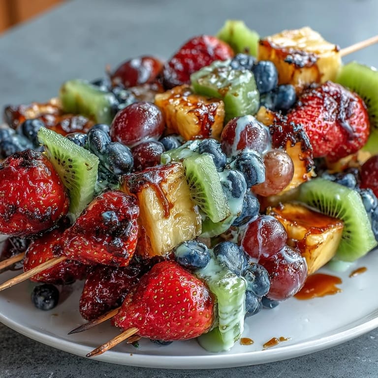 Rainbow fruit skewers with sweet honey-yogurt dip, perfect for parties or healthy snacking, showcasing strawberries, cantaloupe, and tropical pineapple.