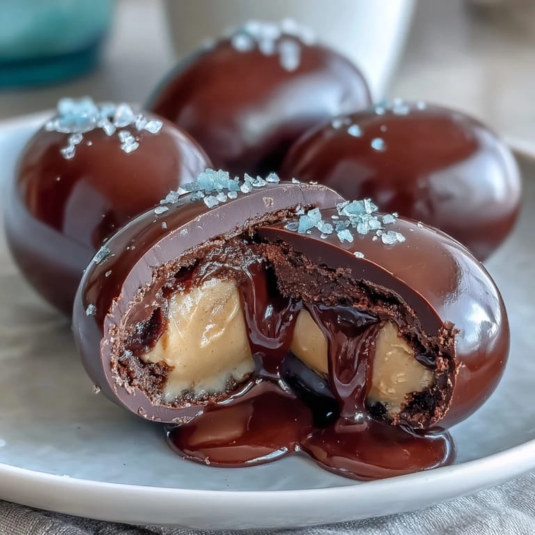 Homemade dark chocolate peanut butter eggs, enrobed in smooth chocolate and finished with flaky sea salt for a gourmet touch.