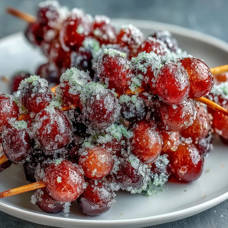 A platter of Frozen Grape Skewers with Lime Sugar presents juicy, icy grapes rolled in fragrant citrus zest, ideal for effortless entertaining.