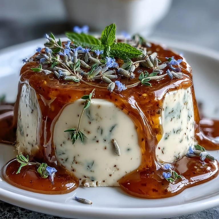 Delicate lavender-infused panna cotta drizzled with honey, served in elegant glasses and topped with fresh berries for a romantic dessert.