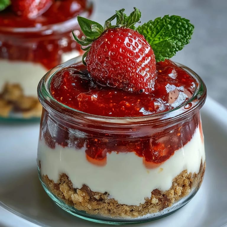 Individual strawberry cheesecake jars feature smooth vanilla cream cheese filling, crunchy biscuit base, and vibrant red strawberry topping for a perfect spring dessert.