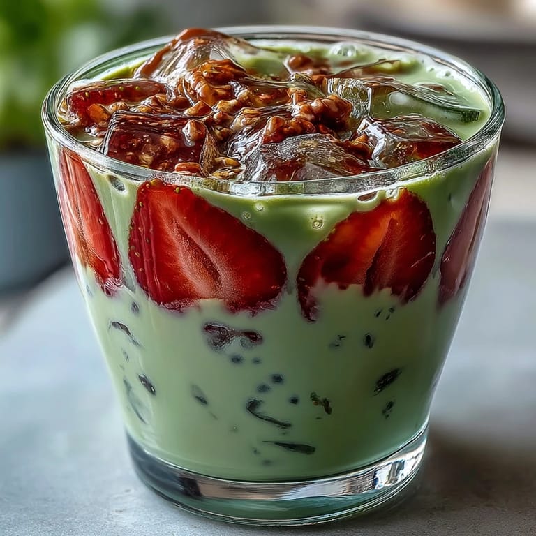 Refreshing Strawberry Matcha Latte with Oat Milk, beautifully layered in clear glasses, perfect for a summer brunch or afternoon pick-me-up.