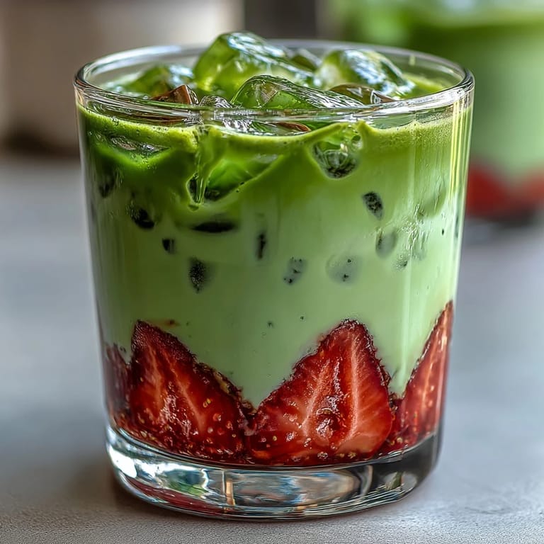 Vibrant Strawberry Matcha Latte with Oat Milk, featuring sweet strawberry puree, creamy oat milk, and a frothy matcha layer, ideal for vegan coffee lovers.