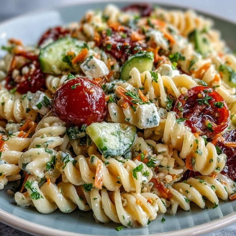 Festive Memorial Day Pasta Salad, perfectly chilled with crisp garden vegetables.