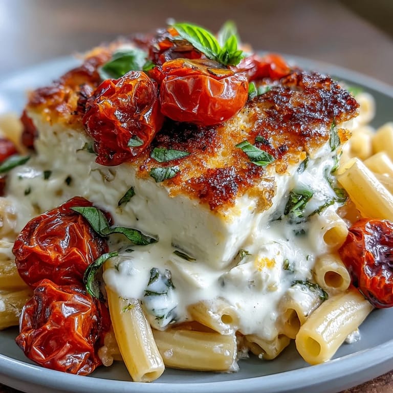 Delicious oven-baked Feta Pasta with rustic cherry tomatoes, ready to serve piping hot.