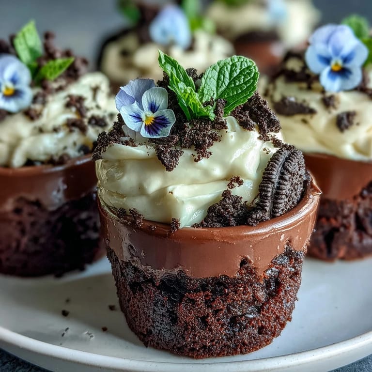 Rich, moist brownies decorated as mini gardens for Mother's Day Flower Pot Brownies.
