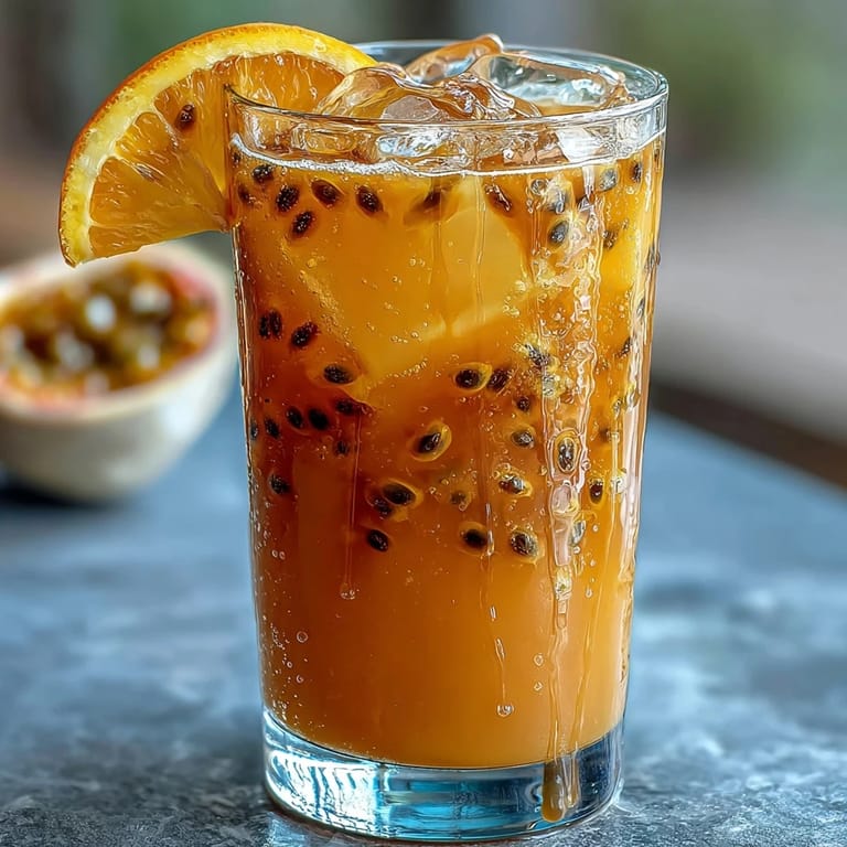 Vivid Tropical Sunrise Mocktail photo showing layered juices with orange garnish.