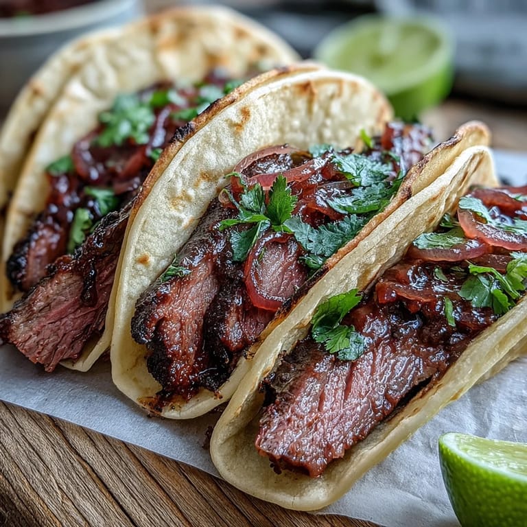 Savory smoked brisket tacos layered with crisp pickled red onion and fresh cilantro.