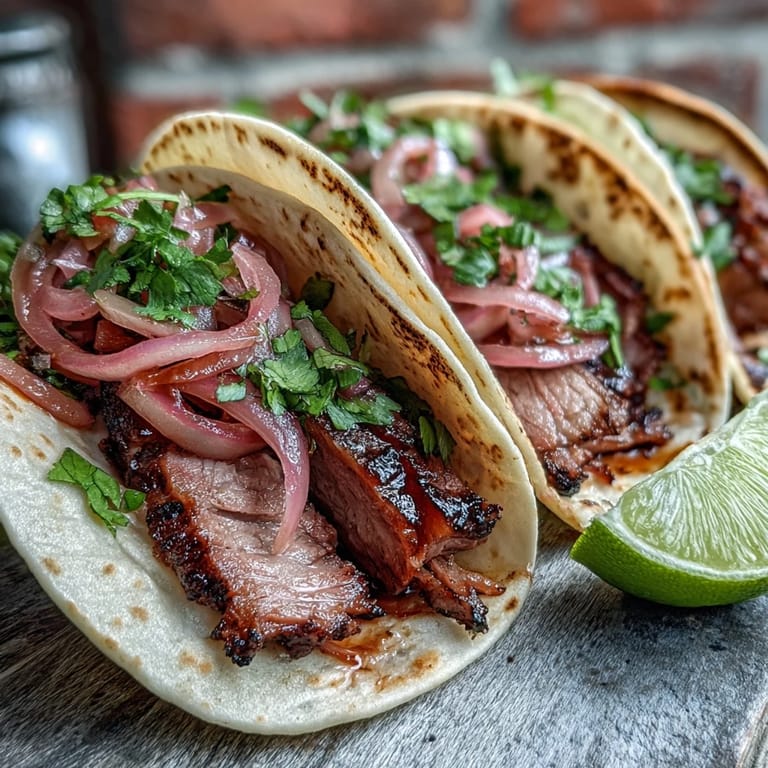 Deliciously tender smoked brisket tacos with a vibrant pickled red onion topping and lime.
