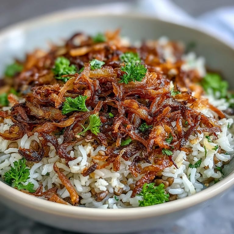 Savory Levantine Mujadara, perfect served warm with a squeeze of lemon.
