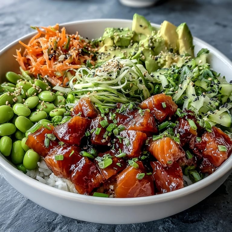Hawaiian-inspired Salmon Poke Bowl topped with edamame, cucumber, and sesame seeds.