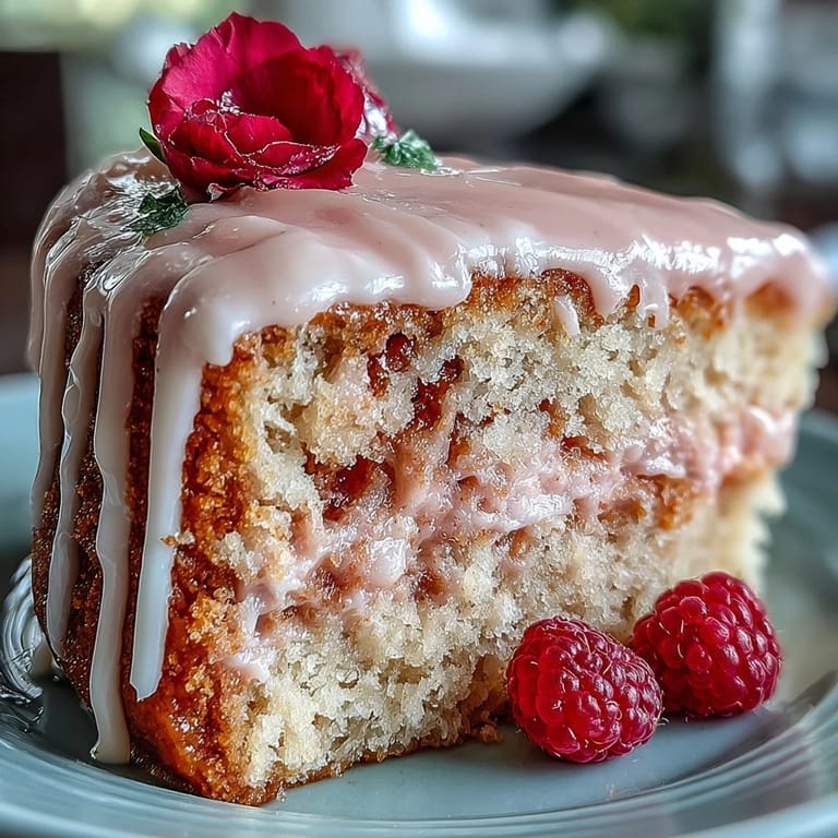 Decadent rosé velvet cake, a festive dessert with a sophisticated gold flourish.