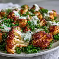 Golden roasted cauliflower florets seasoned with cumin and paprika sit atop a bed of zesty lemon lentils in this vibrant vegetarian main dish.