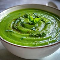 A bowl of vibrant Courgette, Pea and Pesto Soup garnished with a swirl of pesto and fresh basil leaves.