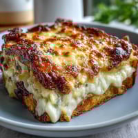 Golden-brown Croque Monsieur Casserole bubbling with melted Gruyère and creamy béchamel sauce, served fresh from the oven.