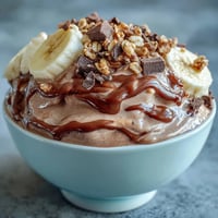 Thick, creamy Chocolate Peanut Butter Smoothie Bowls topped with banana slices, chopped dark chocolate, and crunchy granola.