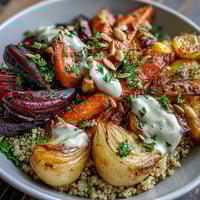 Roasted Root Vegetable Bowl with golden, caramelized vegetables over fluffy quinoa and creamy tahini drizzle.